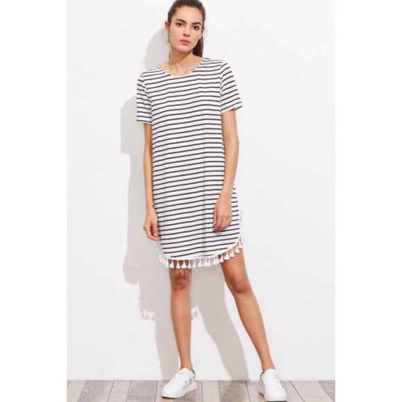Tassel Trim Dolphin Hem Striped Dress - Picture 3 of 5